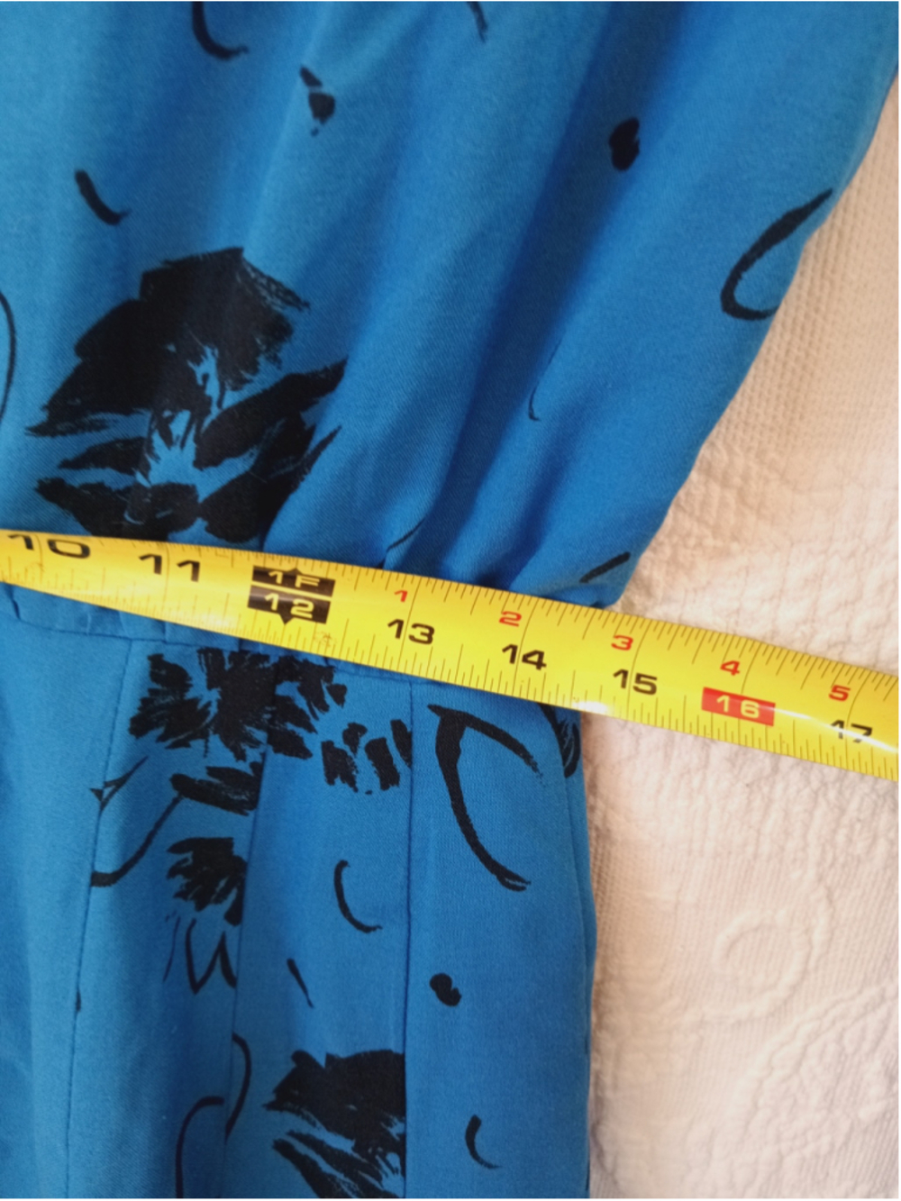 80s Button down Midi shirt Dress electric Blue Black floral vintage secretary M - Picture 15 of 16
